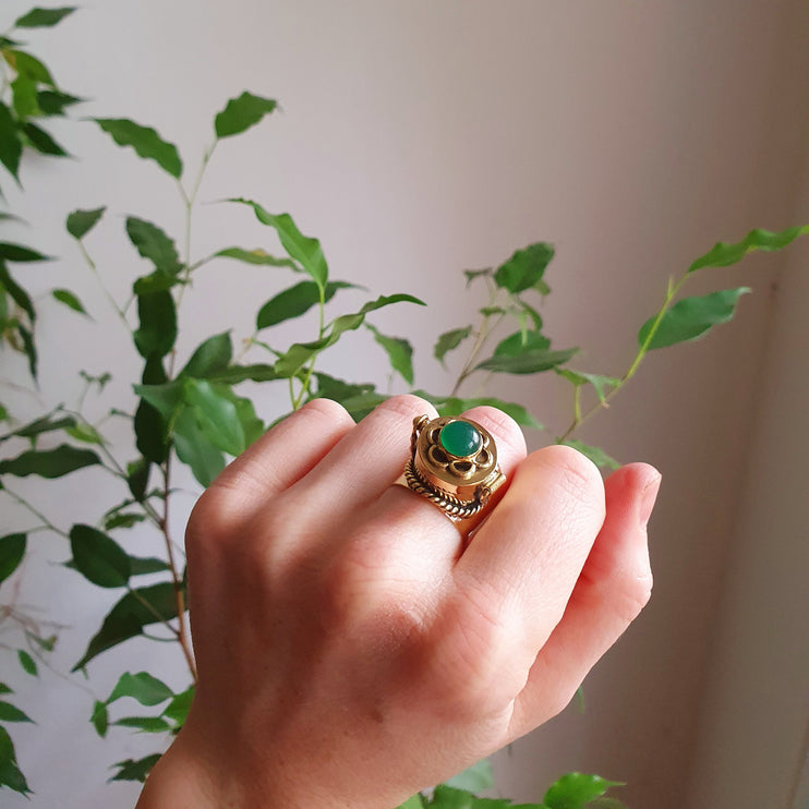 Gold Poison Ring / Brass & Green Onyx / Alchemy / Locket Ring / Boho / Bohemian / Rustic / Tribal / Gypsy / Festival / Healing / Festival