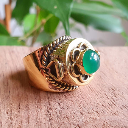 Gold Poison Ring / Brass & Green Onyx / Alchemy / Locket Ring / Boho / Bohemian / Rustic / Tribal / Gypsy / Festival / Healing / Festival