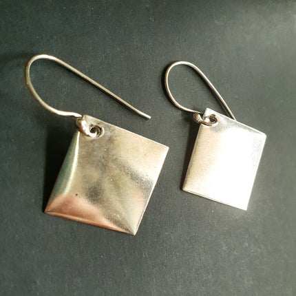 Minimalist Square Silver Pendant Drop Earrings / Geometric Ethnic Boho Classic Bohemian Chic Gypsy Spiral Hippie Festival Tribal style