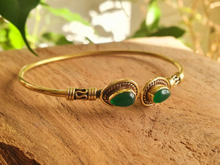Bali Boho Brass Bracelet / Green Onyx / Bangle / Ethnic / Rustic / Bohemian / Hippie / Gypsy / Psy / Adjustable