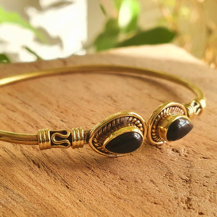 Bali Boho Brass Bracelet / Black Onyx / Bangle / Ethnic / Rustic / Bohemian / Hippie / Gypsy / Psy / Adjustable