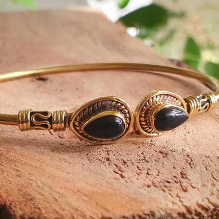 Bali Boho Brass Bracelet / Black Onyx / Bangle / Ethnic / Rustic / Bohemian / Hippie / Gypsy / Psy / Adjustable