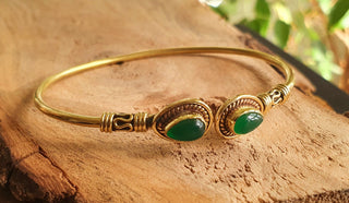 Bali Boho Brass Bracelet / Green Onyx / Bangle / Ethnic / Rustic / Bohemian / Hippie / Gypsy / Psy / Adjustable