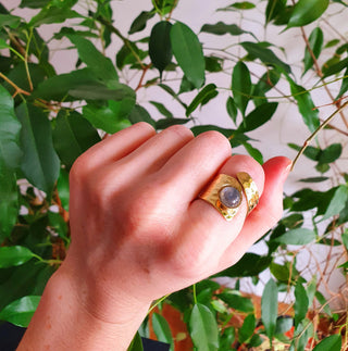 Adjustable Labradorite Ring Hammered Brass Boho Ring