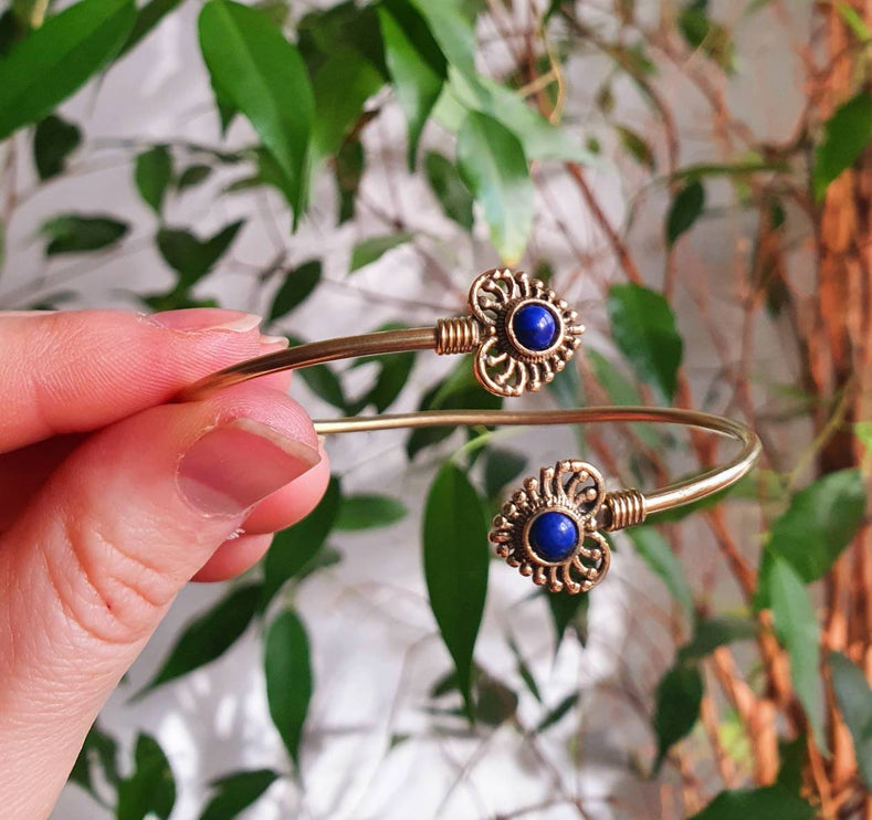 Lapis Lazuli Bracelet / Gold Bangle / Brass / Ethnic / Rustic / Bohemian / Hippie / Gypsy / Love / Jewellery / Body / Adjustable