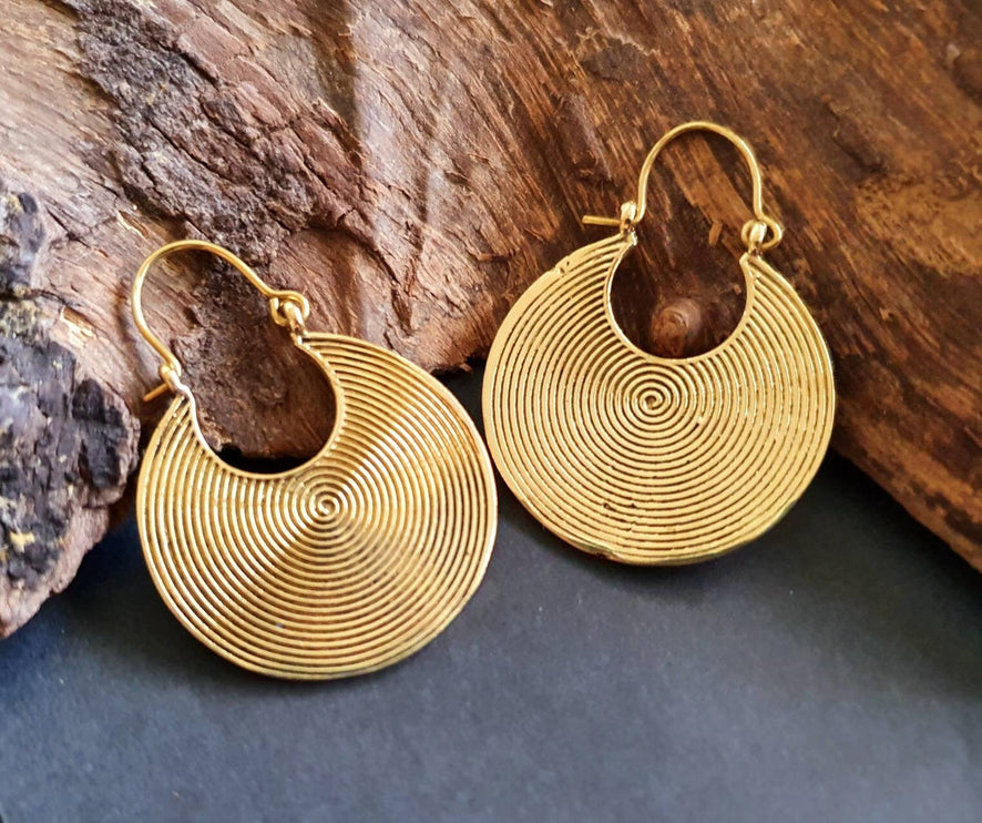 Geometric Circle Tribal Brass earrings; Boho Ethnic Rustic Indian Festival Psy Gypsy Spiral Hippie Tribal style