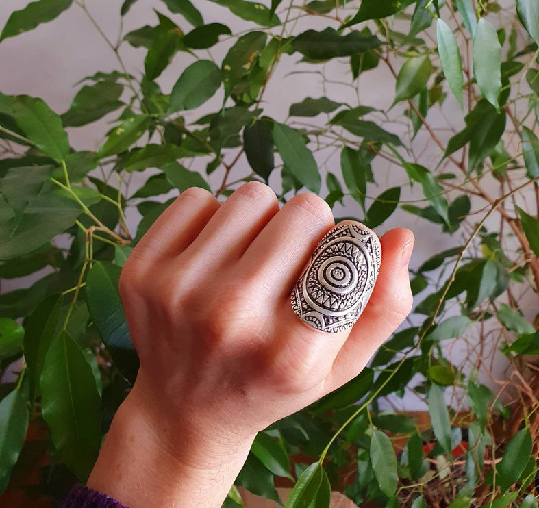 Grande Bague Touareg Argent / Homme / Mixte / Aztèque / Bohème / Boho/ Mandala / Psy / Géométrique / Gypsy / Ethnique / Rustique / Hippie