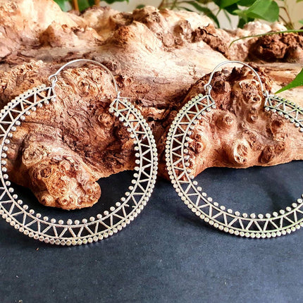 Extra Large Silver Hoop Earrings; Boho Ethnic Rustic Indian Festival Psy Gypsy Spiral Hippie style