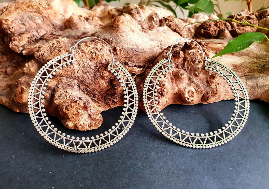 Extra Large Silver Hoop Earrings; Boho Ethnic Rustic Indian Festival Psy Gypsy Spiral Hippie style