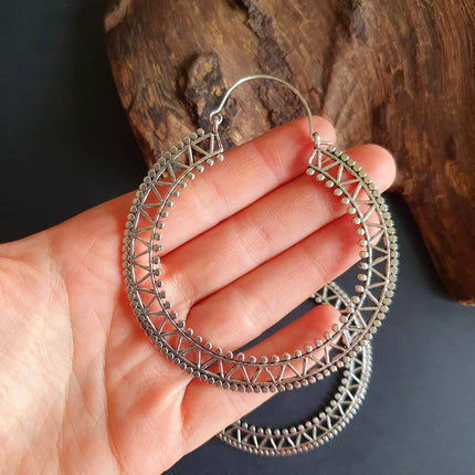 Extra Large Silver Hoop Earrings; Boho Ethnic Rustic Indian Festival Psy Gypsy Spiral Hippie style