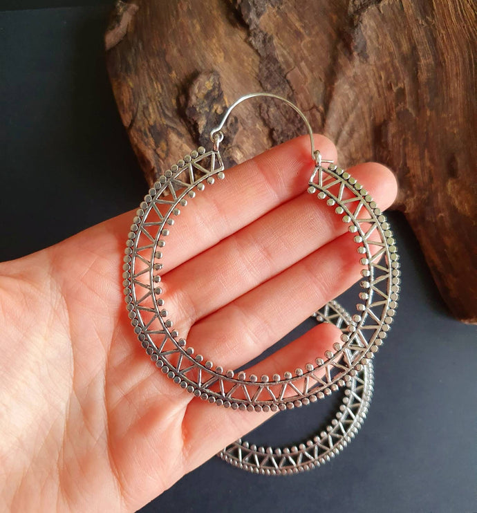 Extra Large Silver Hoop Earrings; Boho Ethnic Rustic Indian Festival Psy Gypsy Spiral Hippie style