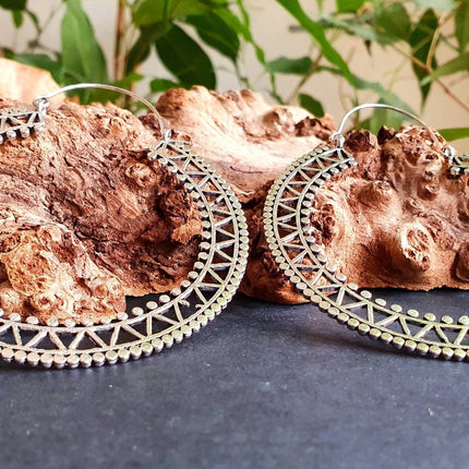 Extra Large Silver Hoop Earrings; Boho Ethnic Rustic Indian Festival Psy Gypsy Spiral Hippie style