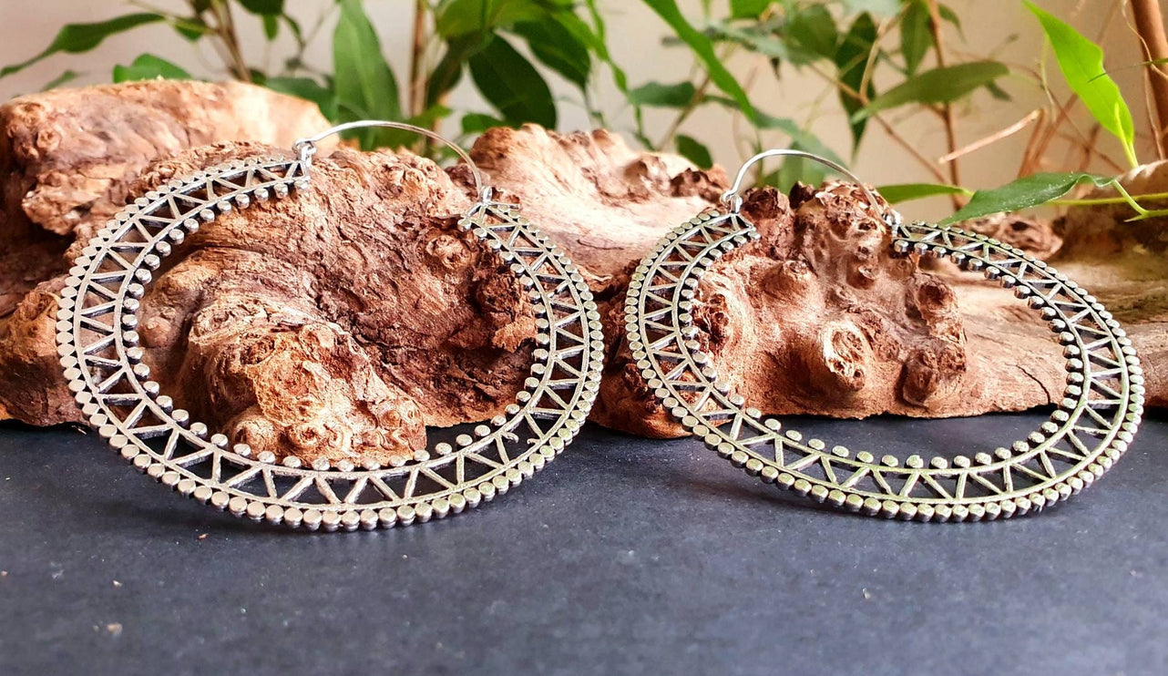 Extra Large Silver Hoop Earrings; Boho Ethnic Rustic Indian Festival Psy Gypsy Spiral Hippie style