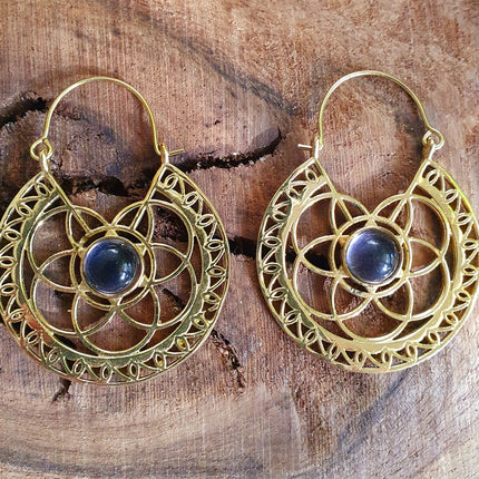 Amethyst Earrings Brass Ethnic, rustic, yoga, hippie, gypsy, pretty, psy, boho, bohemian, festival