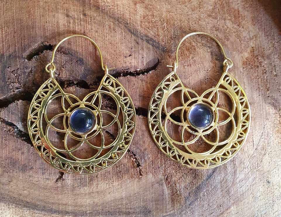 Amethyst Earrings Brass Ethnic, rustic, yoga, hippie, gypsy, pretty, psy, boho, bohemian, festival