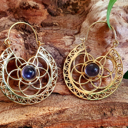 Amethyst Earrings Brass Ethnic, rustic, yoga, hippie, gypsy, pretty, psy, boho, bohemian, festival