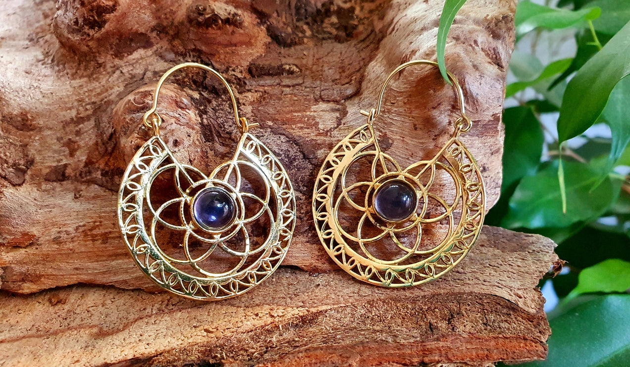 Amethyst Earrings Brass Ethnic, rustic, yoga, hippie, gypsy, pretty, psy, boho, bohemian, festival