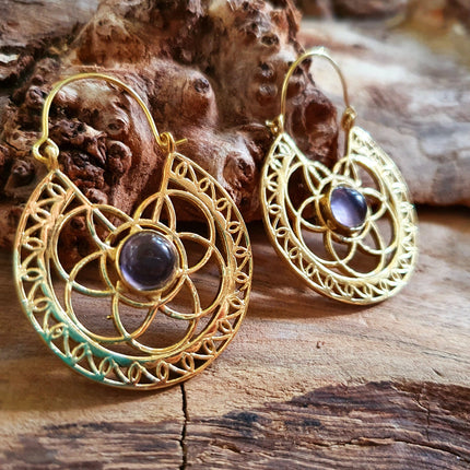 Amethyst Earrings Brass Ethnic, rustic, yoga, hippie, gypsy, pretty, psy, boho, bohemian, festival