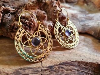 Amethyst Earrings Brass Ethnic, rustic, yoga, hippie, gypsy, pretty, psy, boho, bohemian, festival