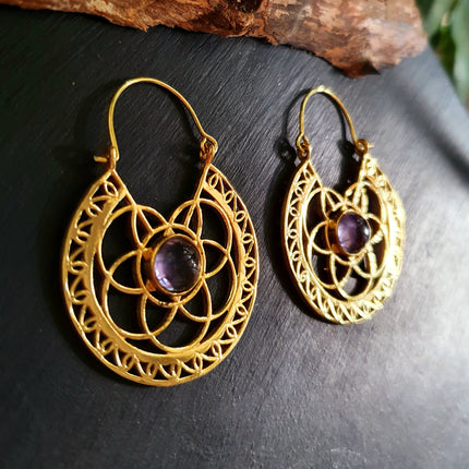 Amethyst Earrings Brass Ethnic, rustic, yoga, hippie, gypsy, pretty, psy, boho, bohemian, festival