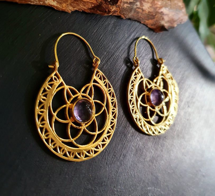 Amethyst Earrings Brass Ethnic, rustic, yoga, hippie, gypsy, pretty, psy, boho, bohemian, festival