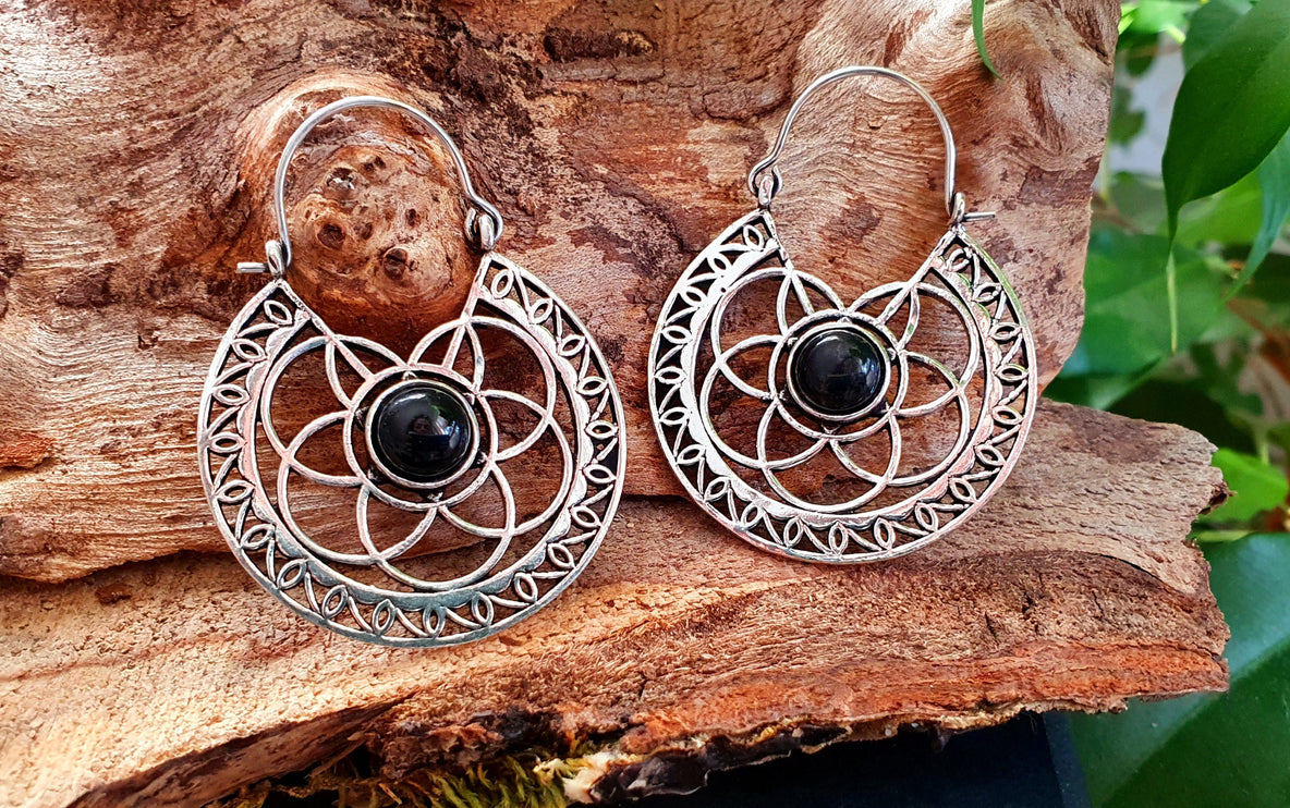 Aztec Black Onyx Silver Hoop Earrings Ethnic, rustic, yoga, hippie, gypsy, pretty, psy, boho, bohemian, festival