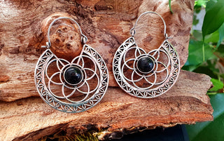 Aztec Black Onyx Silver Hoop Earrings Ethnic, rustic, yoga, hippie, gypsy, pretty, psy, boho, bohemian, festival