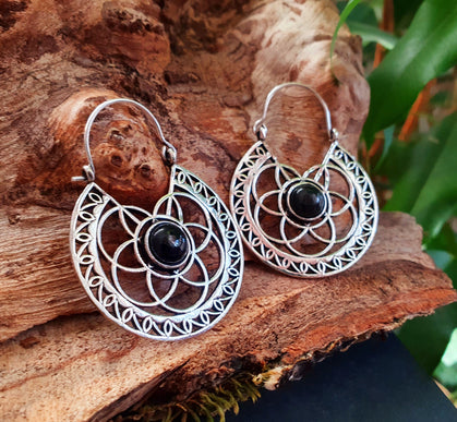 Aztec Black Onyx Silver Hoop Earrings Ethnic, rustic, yoga, hippie, gypsy, pretty, psy, boho, bohemian, festival