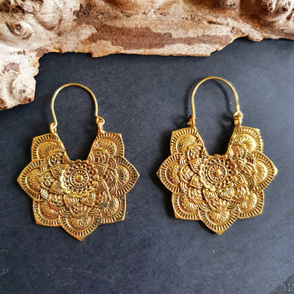 Large Mandala Flower Gold Earrings; Brass Ear Weights Boho Ethnic Rustic Indian Festival Psy Gypsy Spiral Hippie style