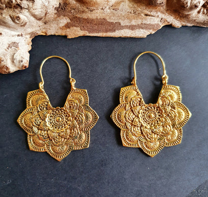 Large Mandala Flower Gold Earrings; Brass Ear Weights Boho Ethnic Rustic Indian Festival Psy Gypsy Spiral Hippie style