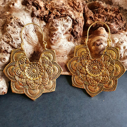 Large Mandala Flower Gold Earrings; Brass Ear Weights Boho Ethnic Rustic Indian Festival Psy Gypsy Spiral Hippie style