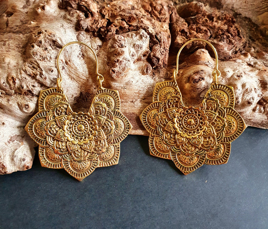 Large Mandala Flower Gold Earrings; Brass Ear Weights Boho Ethnic Rustic Indian Festival Psy Gypsy Spiral Hippie style