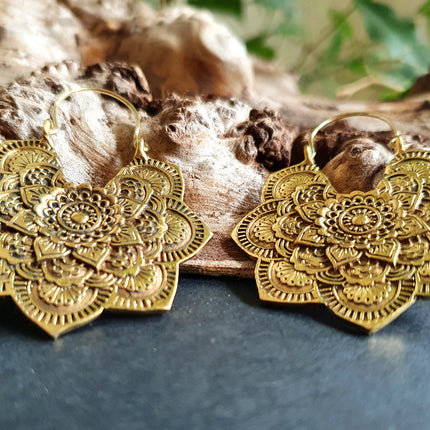 Large Mandala Flower Gold Earrings; Brass Ear Weights Boho Ethnic Rustic Indian Festival Psy Gypsy Spiral Hippie style