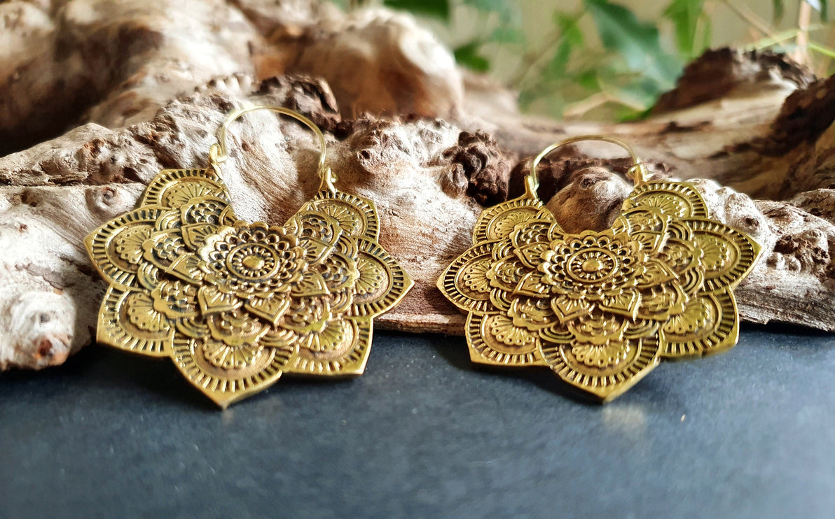 Large Mandala Flower Gold Earrings; Brass Ear Weights Boho Ethnic Rustic Indian Festival Psy Gypsy Spiral Hippie style