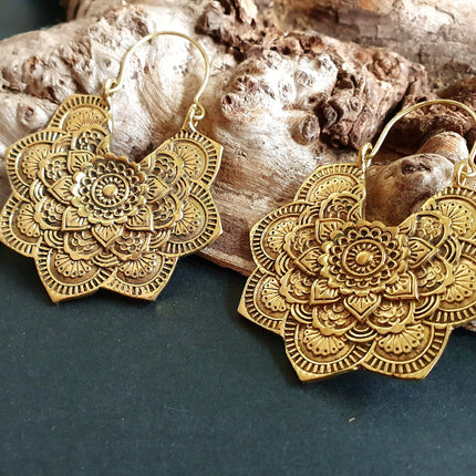 Large Mandala Flower Gold Earrings; Brass Ear Weights Boho Ethnic Rustic Indian Festival Psy Gypsy Spiral Hippie style