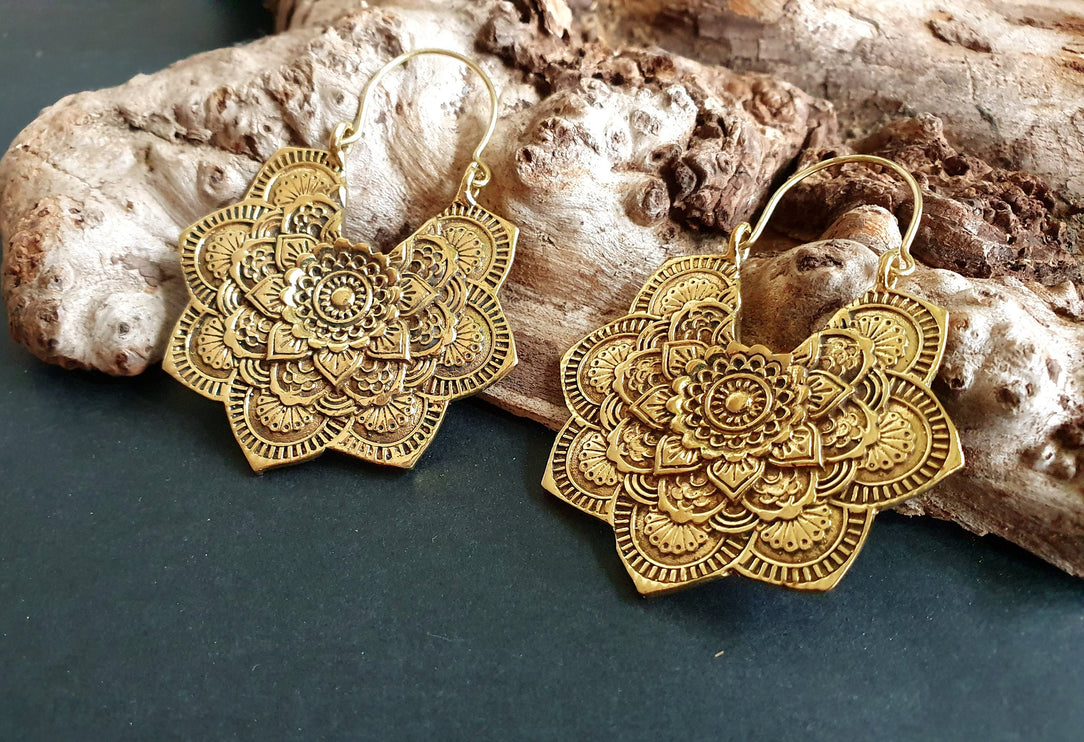 Large Mandala Flower Gold Earrings; Brass Ear Weights Boho Ethnic Rustic Indian Festival Psy Gypsy Spiral Hippie style