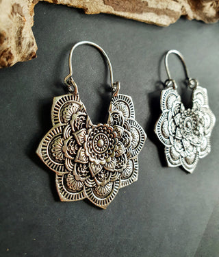 Large Mandala Flower Silver Earrings; Silver Ear Weights Boho Ethnic Rustic Indian Festival Psy Gypsy Spiral Hippie style