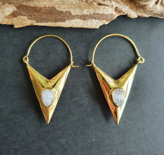 Triangle Moonstone + Brass Earrings / Tribal / Mandala / Ethnic / Rustic / Yoga / Boho / Bohemian / Festival Fashion / Gifts