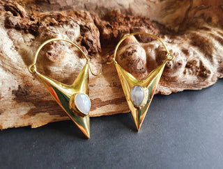 Triangle Moonstone + Brass Earrings / Tribal / Mandala / Ethnic / Rustic / Yoga / Boho / Bohemian / Festival Fashion / Gifts