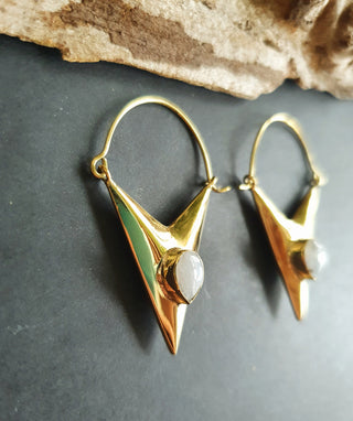 Triangle Moonstone + Brass Earrings / Tribal / Mandala / Ethnic / Rustic / Yoga / Boho / Bohemian / Festival Fashion / Gifts