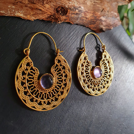 Golden Amethyst Earrings Ethnic, rustic, yoga, hippie, gypsy, pretty, psy, boho, bohemian, festival