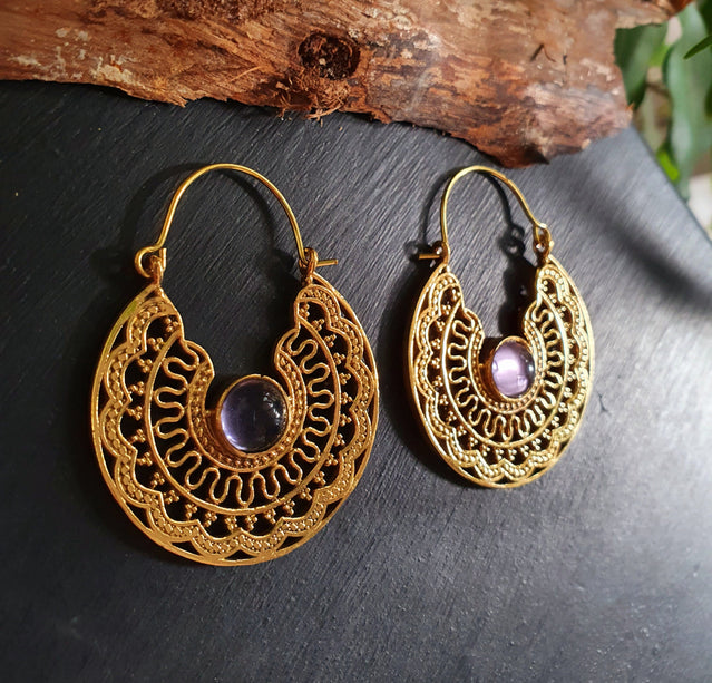 Golden Amethyst Earrings Ethnic, rustic, yoga, hippie, gypsy, pretty, psy, boho, bohemian, festival