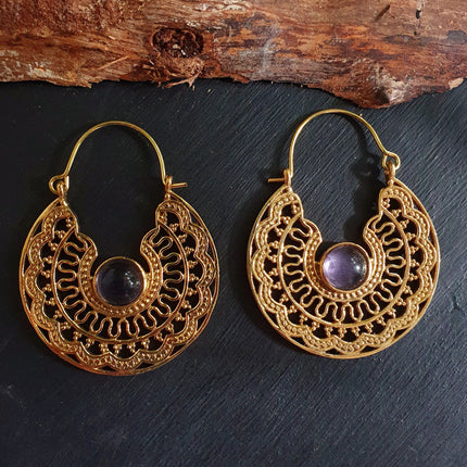 Golden Amethyst Earrings Ethnic, rustic, yoga, hippie, gypsy, pretty, psy, boho, bohemian, festival