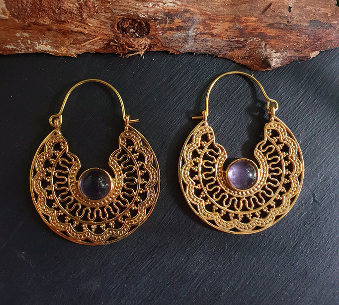 Golden Amethyst Earrings Ethnic, rustic, yoga, hippie, gypsy, pretty, psy, boho, bohemian, festival