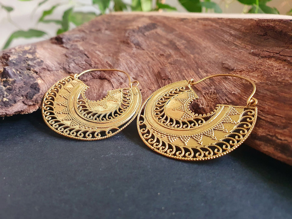 Ethnic Brass Earrings;, Geometric, rustic, yoga, hippie, gypsy, pretty, psy, boho, bohemian, festival