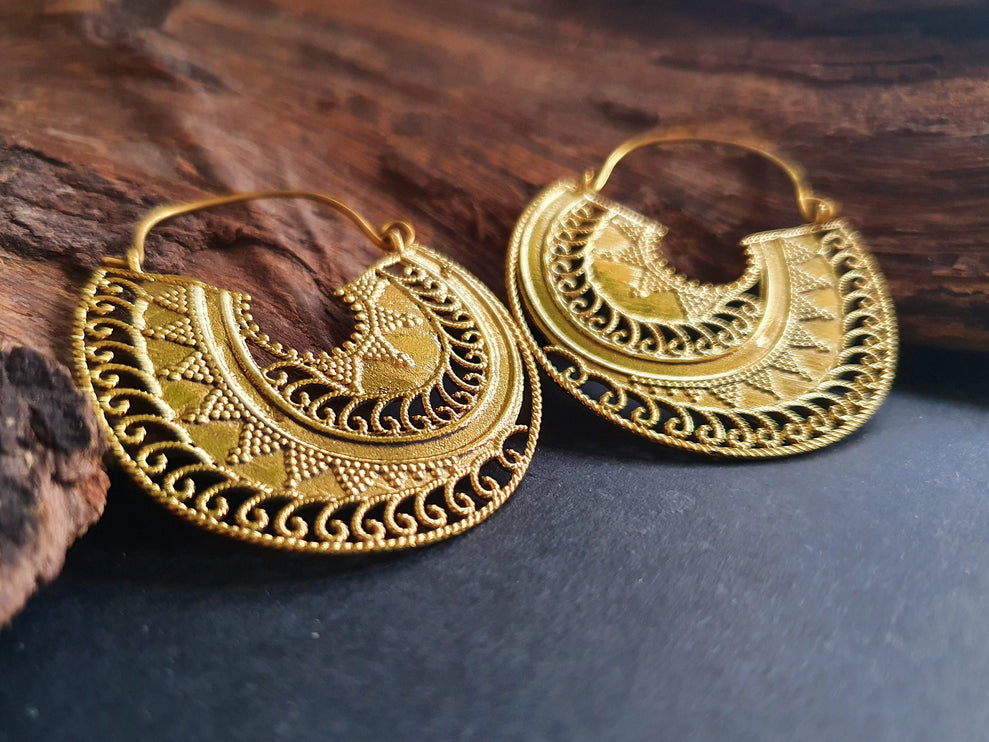 Ethnic Brass Earrings;, Geometric, rustic, yoga, hippie, gypsy, pretty, psy, boho, bohemian, festival