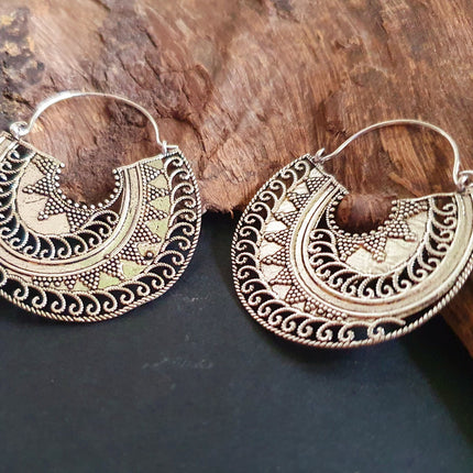 Silver Ethnic Earrings;, Geometric, rustic, yoga, hippie, gypsy, pretty, psy, boho, bohemian, festival