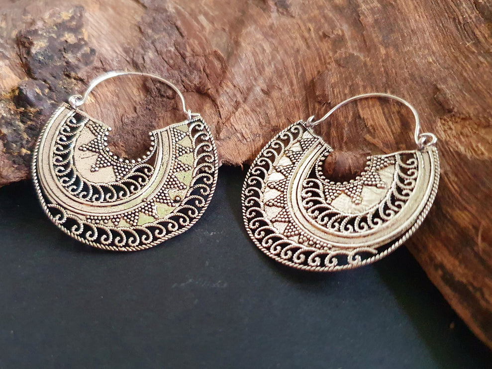 Silver Ethnic Earrings;, Geometric, rustic, yoga, hippie, gypsy, pretty, psy, boho, bohemian, festival