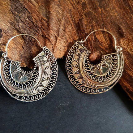 Silver Ethnic Earrings;, Geometric, rustic, yoga, hippie, gypsy, pretty, psy, boho, bohemian, festival