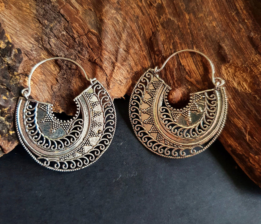 Silver Ethnic Earrings;, Geometric, rustic, yoga, hippie, gypsy, pretty, psy, boho, bohemian, festival